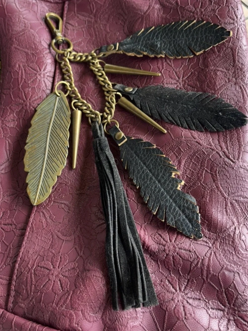 Boho Leather Feather Bag Charm & Keychain Brass Spikes